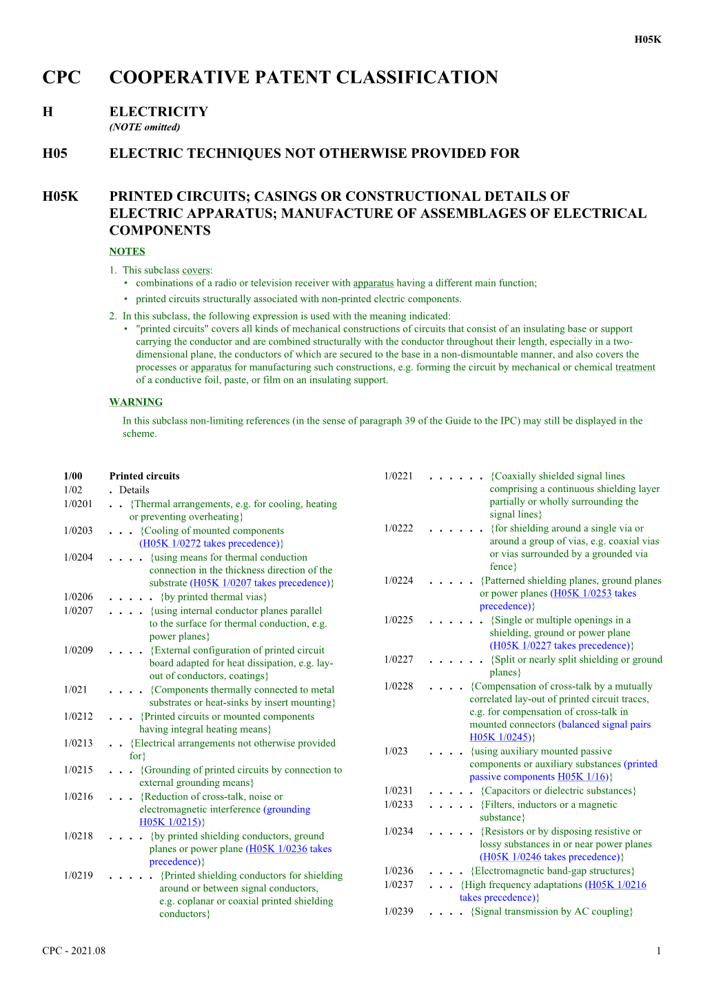 Printed Circuits; Casings Or Constructional Details of Electric Apparatus; Manufacture of Assemblages of Electrical Components Notes 1