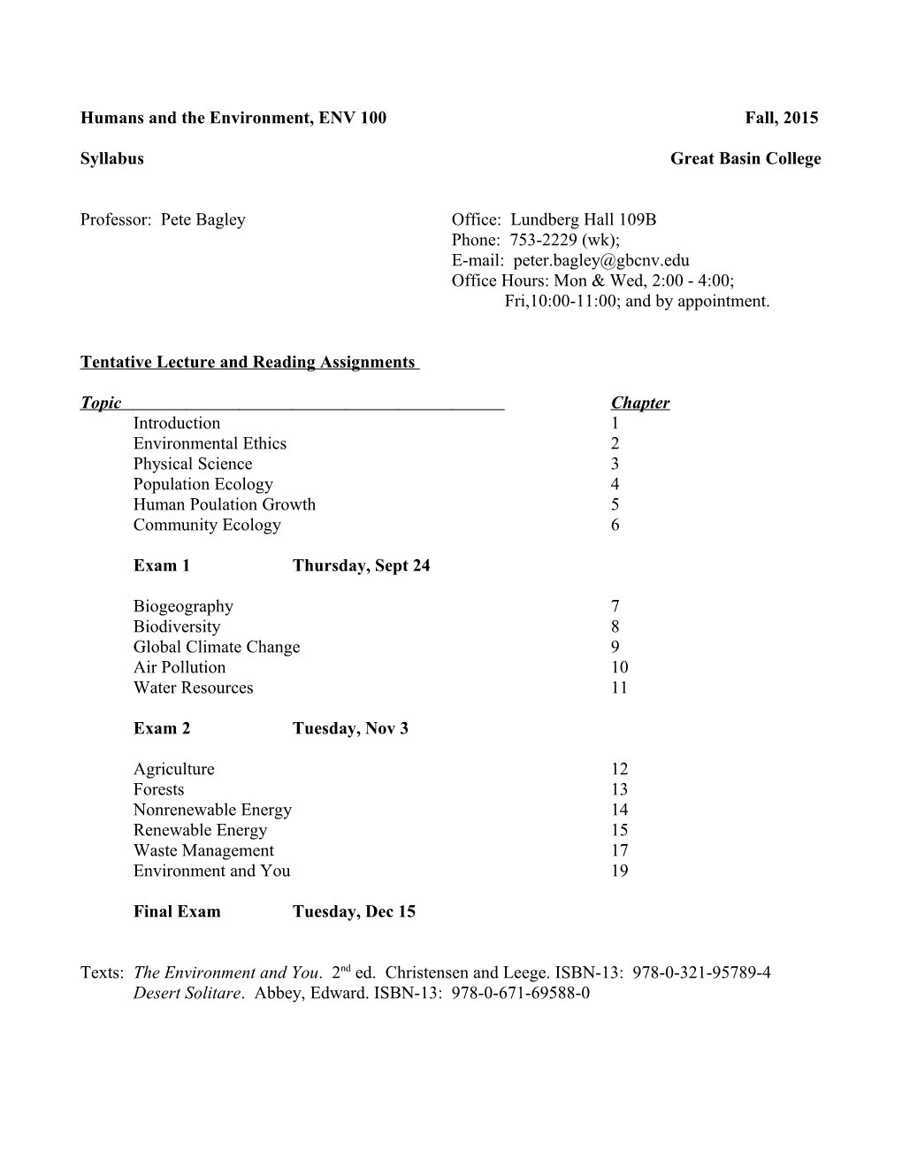 Man and the Environment, Environmental Studies 101 Great Basin College