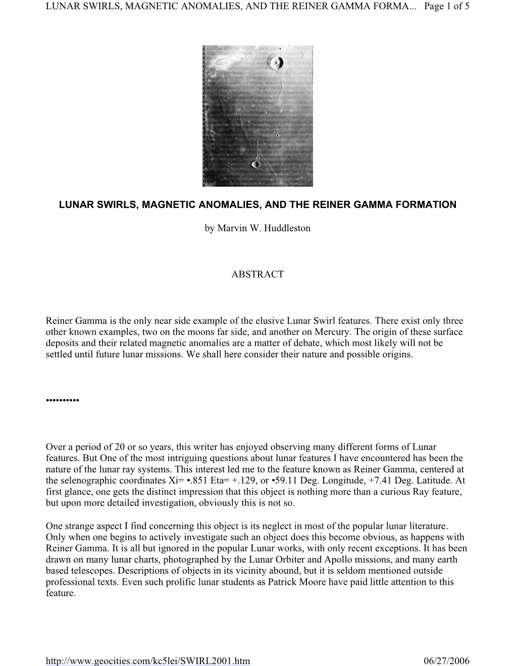 Lunar Swirls, Magnetic Anomalies, and the Reiner Gamma Formation