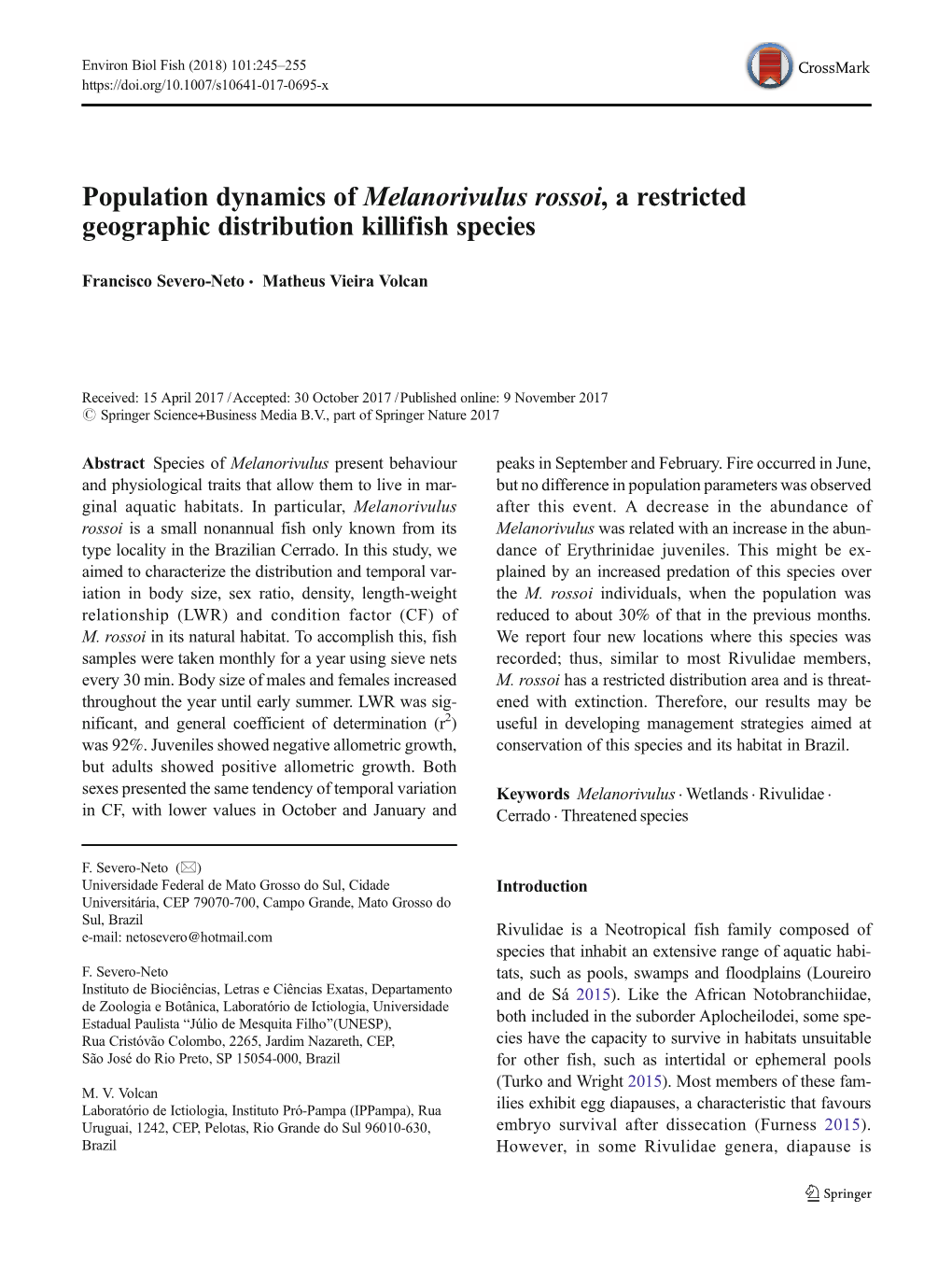 Population Dynamics of Melanorivulus Rossoi, a Restricted Geographic Distribution Killifish Species