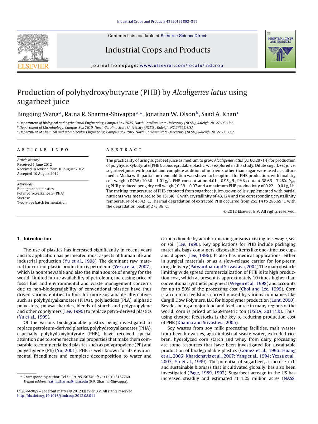 Production of Polyhydroxybutyrate (PHB) by Alcaligenes Latus Using