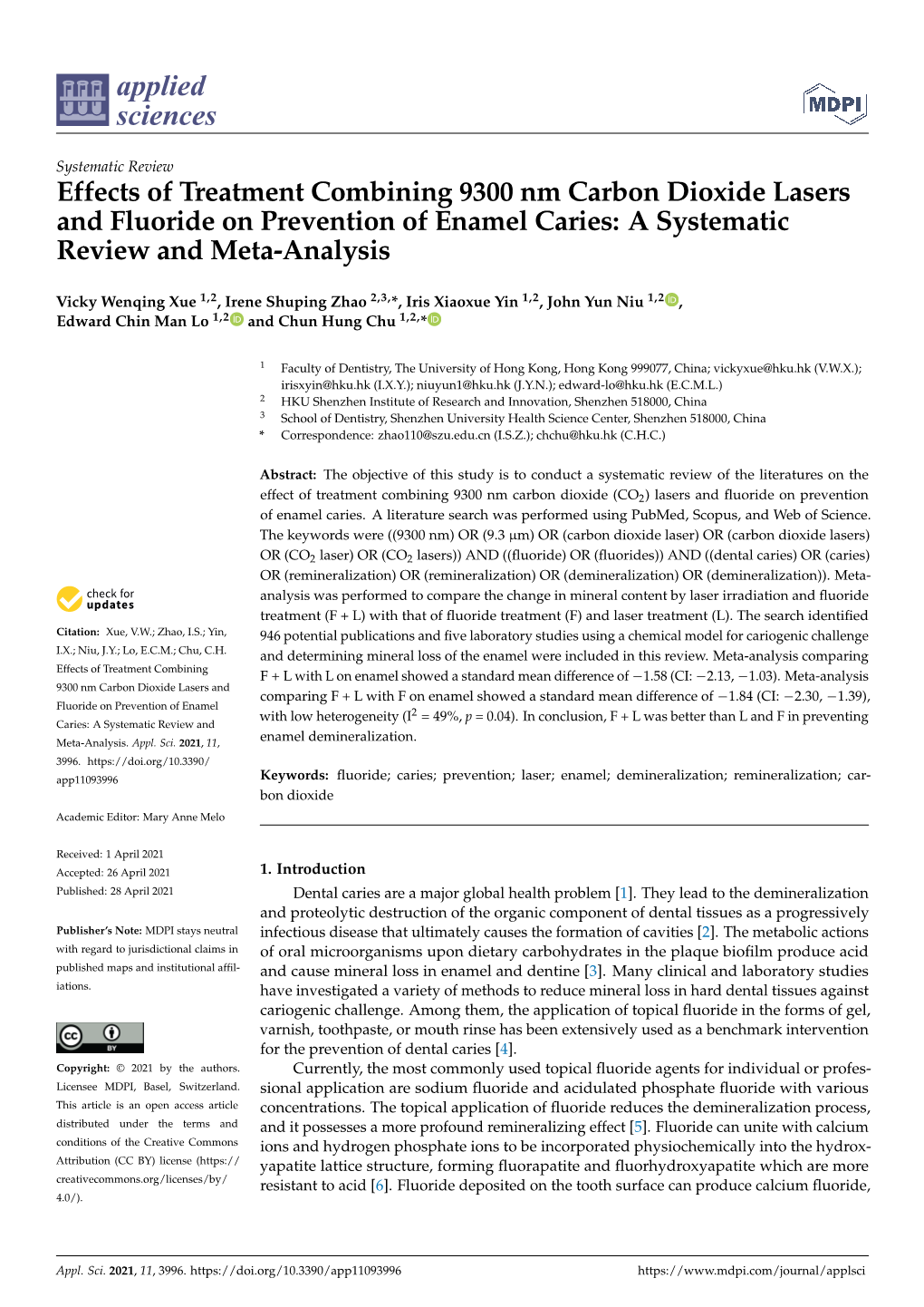 Effects of Treatment Combining 9300 Nm Carbon Dioxide Lasers and Fluoride on Prevention of Enamel Caries: a Systematic Review and Meta-Analysis