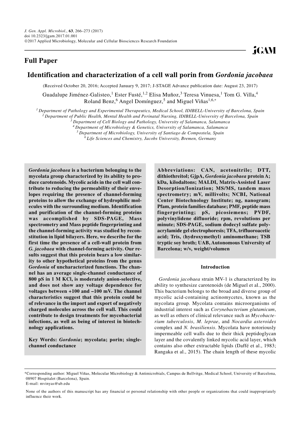 Identification and Characterization of a Cell Wall Porin from Gordonia Jacobaea