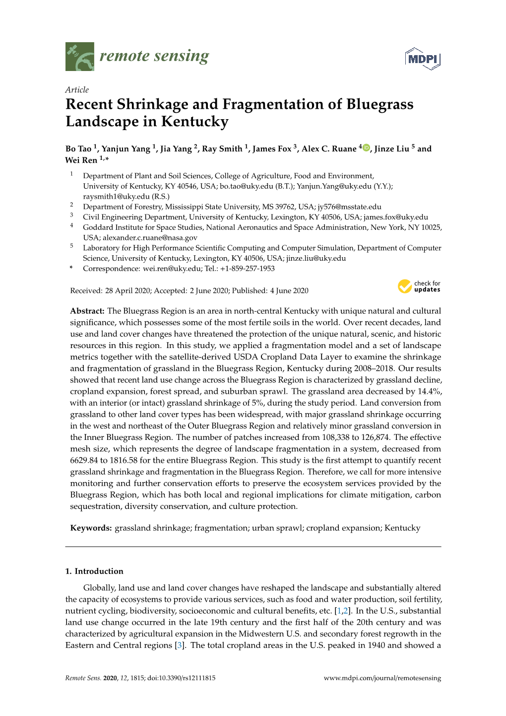 Recent Shrinkage and Fragmentation of Bluegrass Landscape in Kentucky