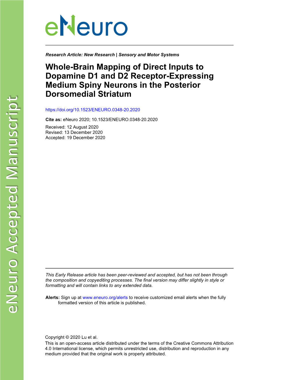 Whole-Brain Mapping of Direct Inputs to Dopamine D1 and D2 Receptor-Expressing Medium Spiny Neurons in the Posterior Dorsomedial