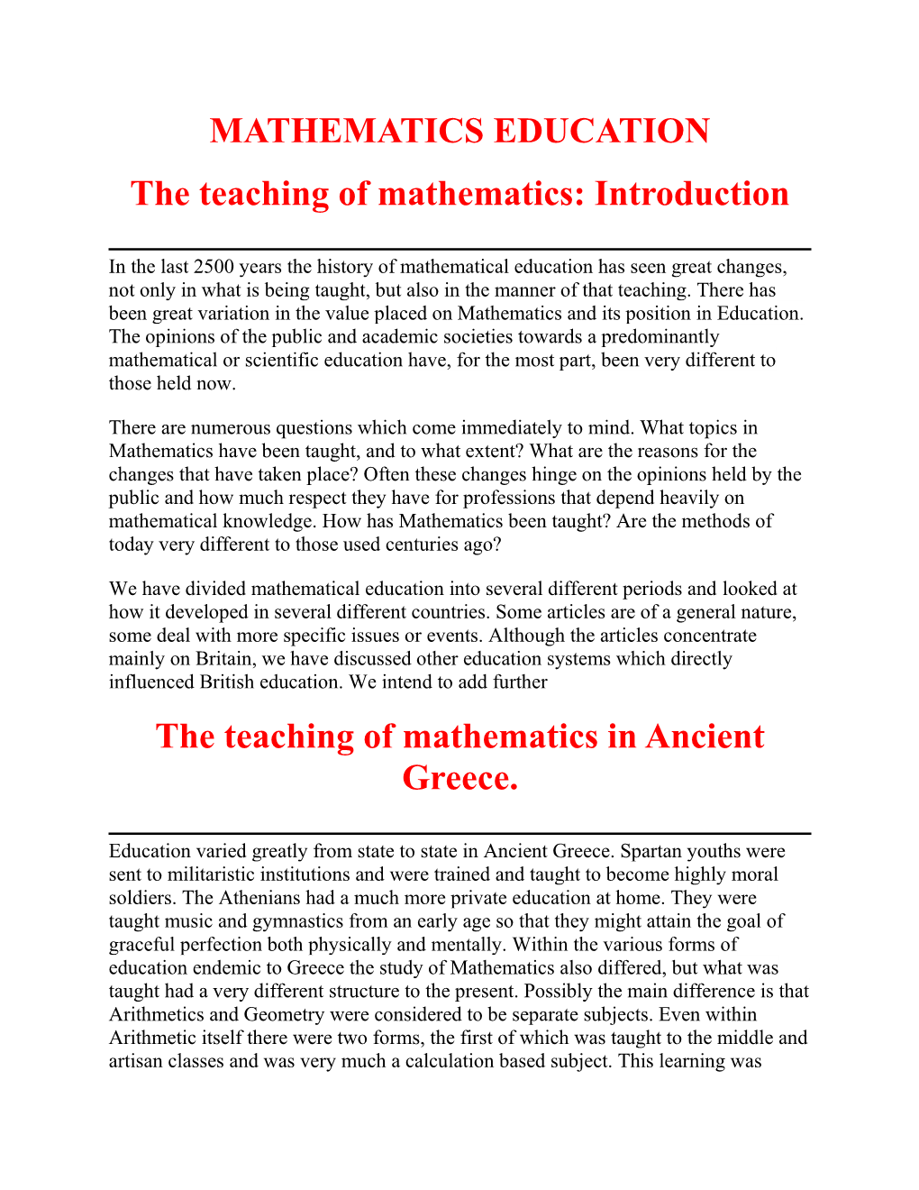 MATHEMATICS EDUCATION the Teaching of Mathematics: Introduction