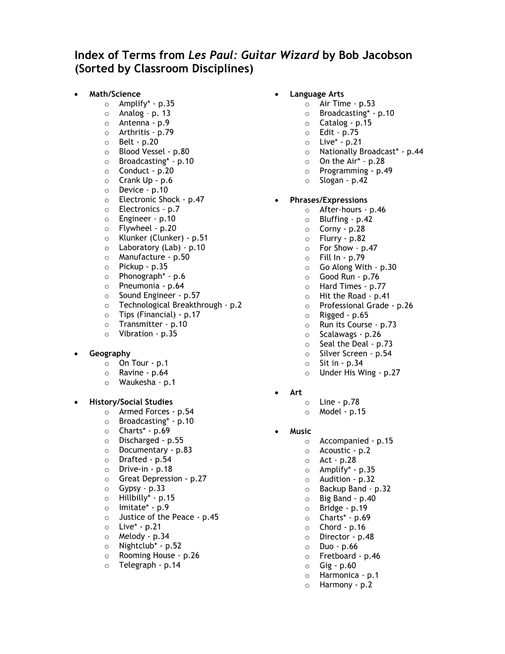 Index of Terms from Les Paul: Guitar Wizard by Bob Jacobson (Sorted by Classroom Disciplines)