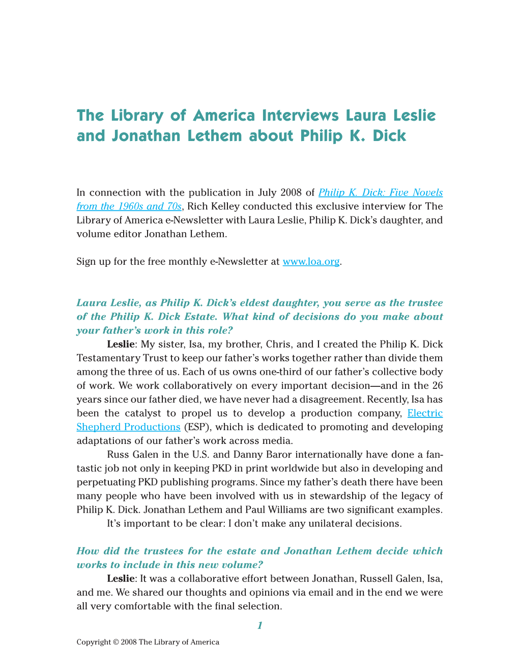 The Library of America Interviews Laura Leslie and Jonathan Lethem About Philip K