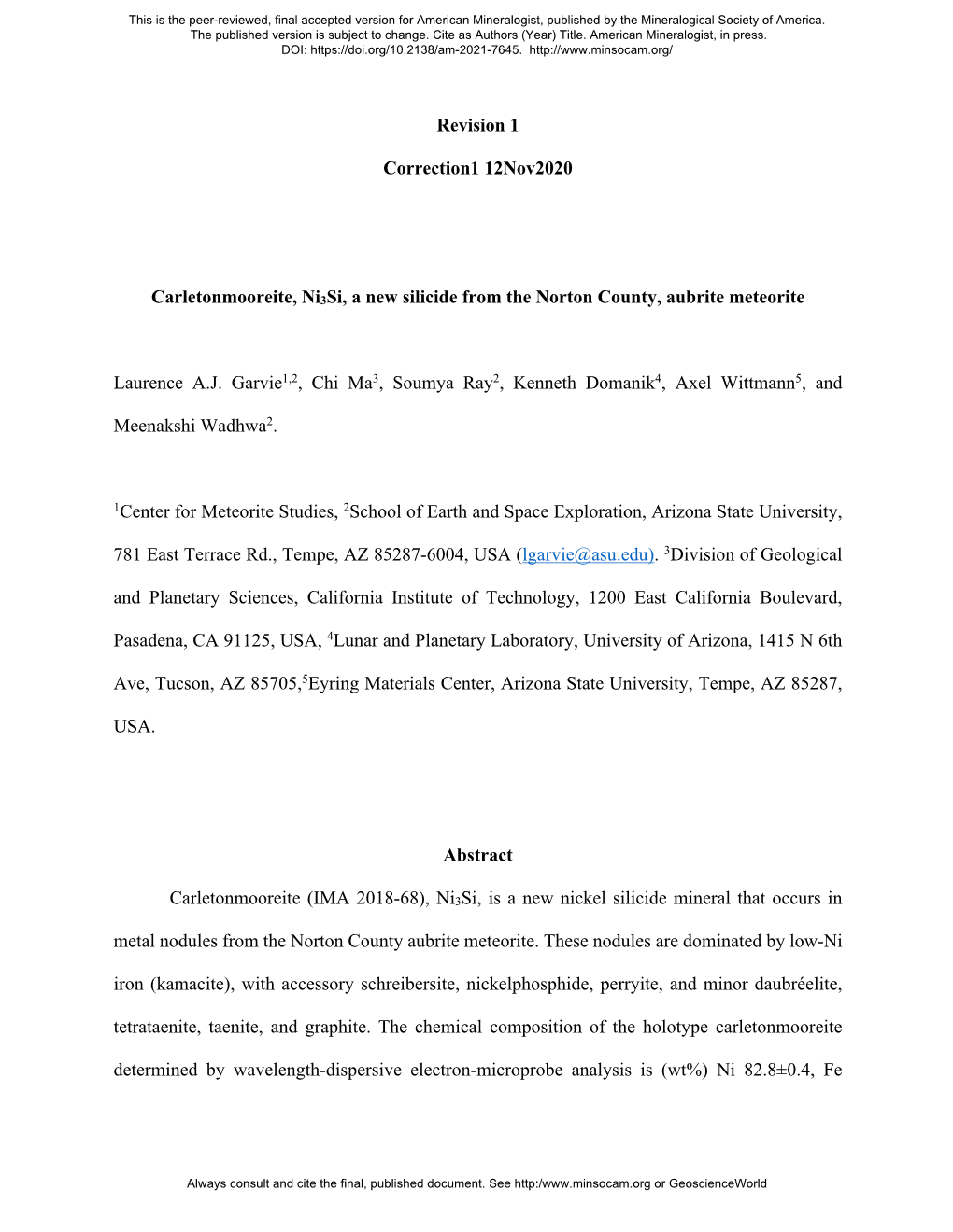 Revision 1 Correction1 12Nov2020 Carletonmooreite, Ni3si, a New