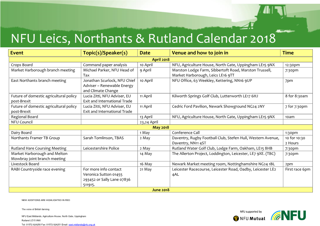 NFU Leics, Northants & Rutland Calendar 2018