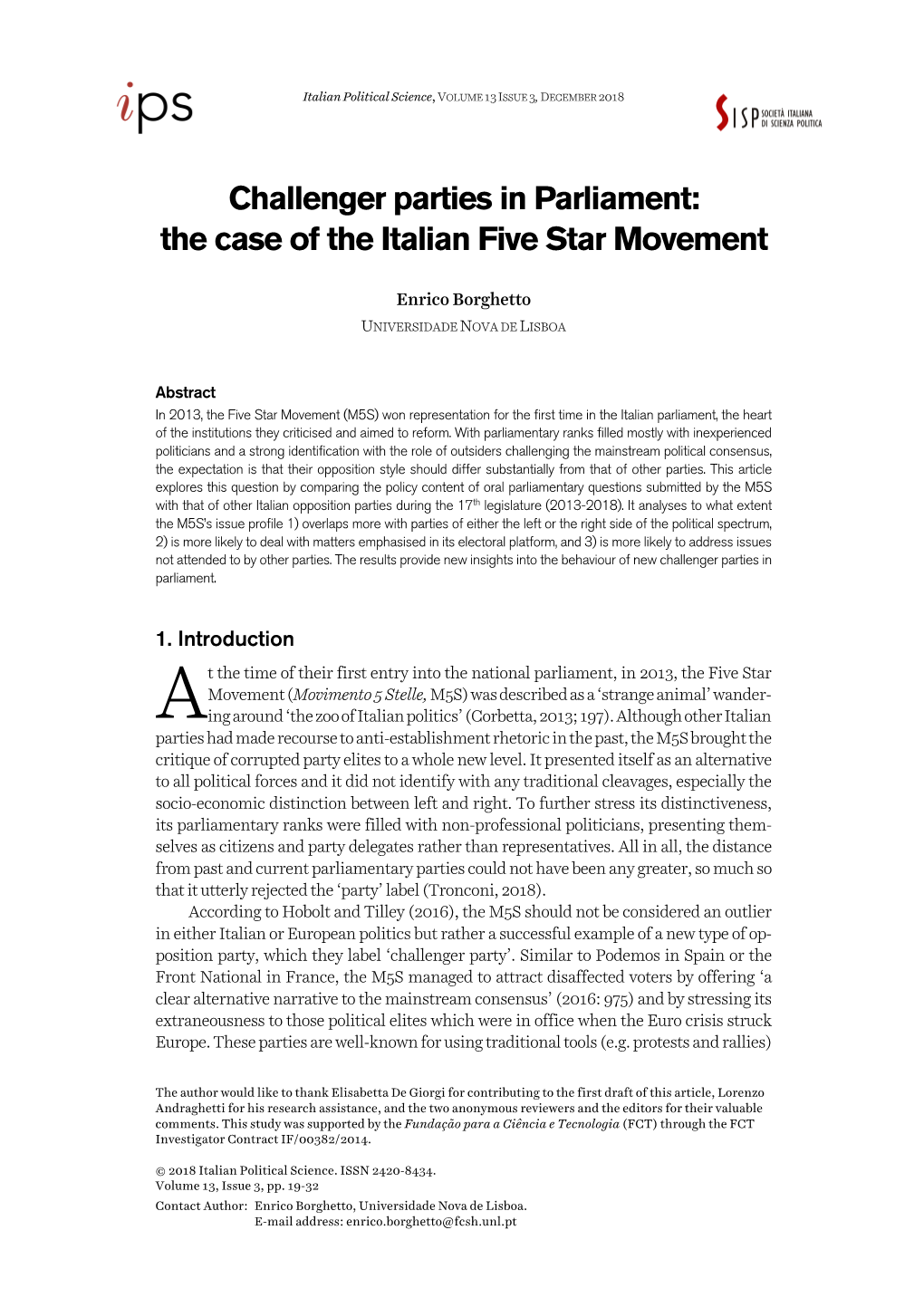 Challenger Parties in Parliament: the Case of the Italian Five Star Movement