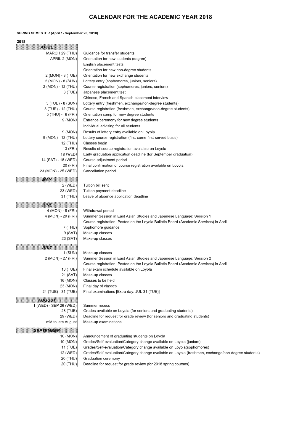 Calendar for the Academic Year 2018