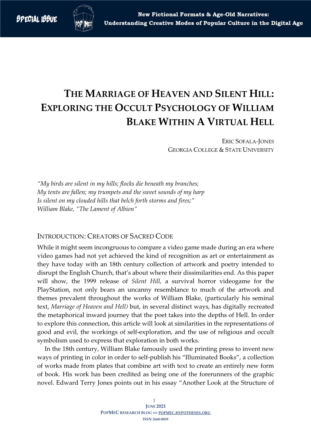 The Marriage of Heaven and Silent Hill: Exploring the Occult Psychology of William Blake Within a Virtual Hell