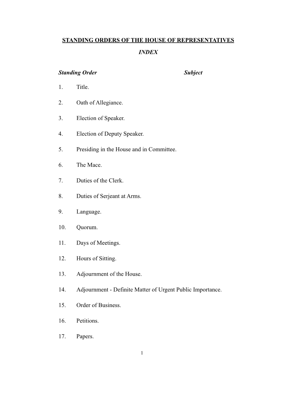 Standing Orders of the House of Representatives Index