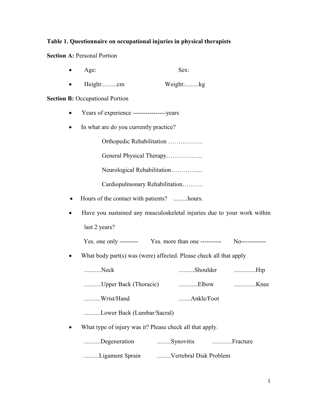 Table 1. Questionnaire on Occupational Injuries in Physical Therapists