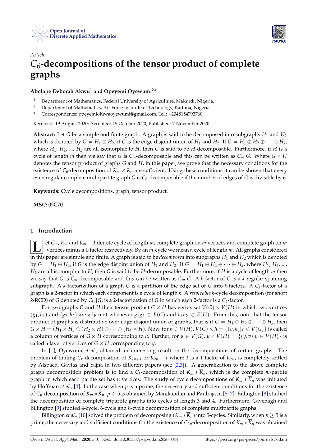 C6-Decompositions of the Tensor Product of Complete Graphs