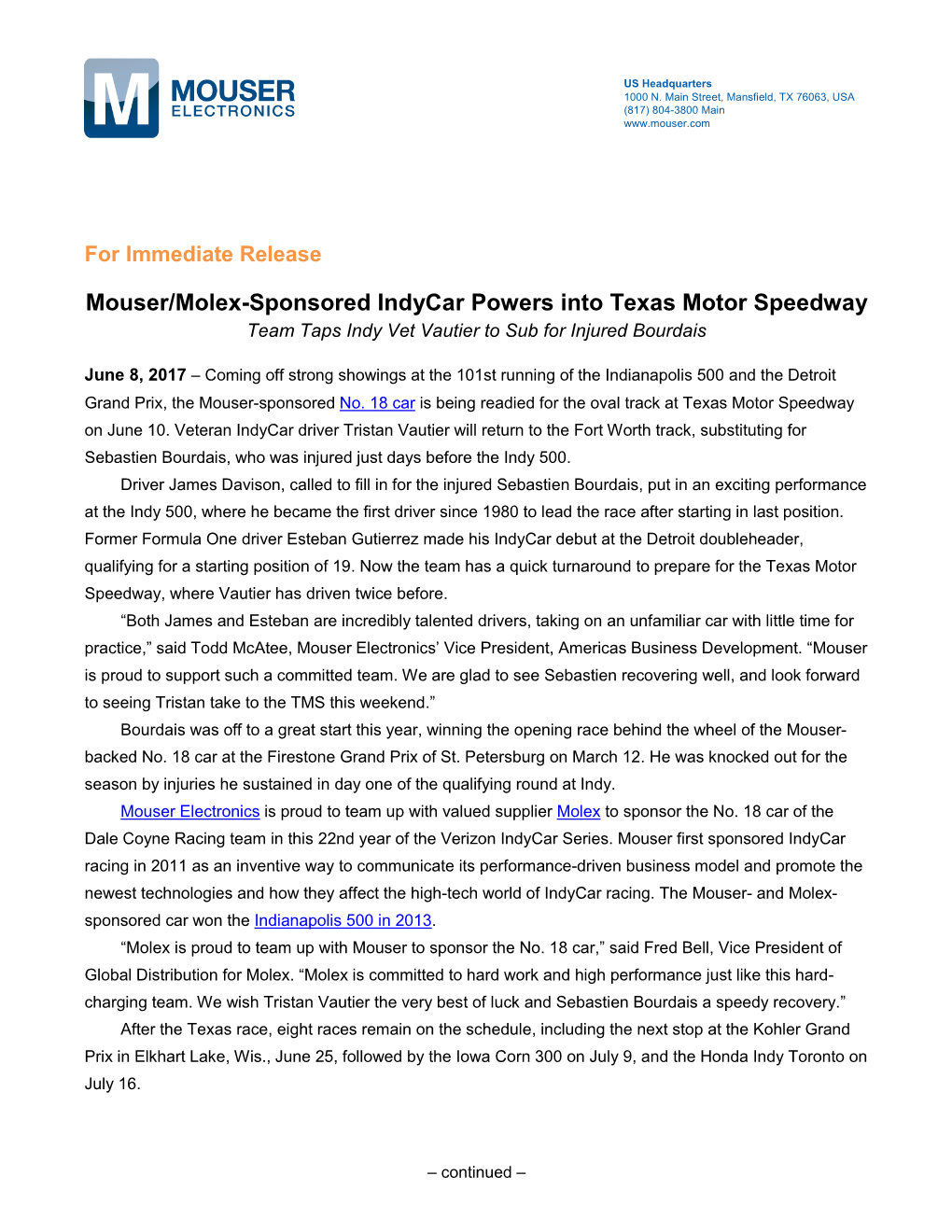 Mouser/Molex-Sponsored Indycar Preps for Texas Motor Speedway