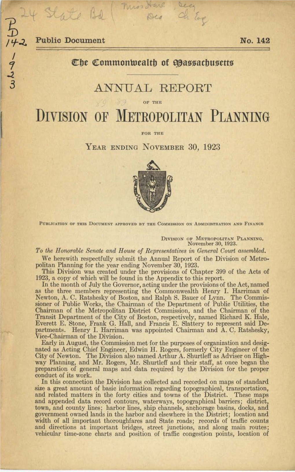 Division of Metropolitan Planning I for the Year Ending November 30, 1923