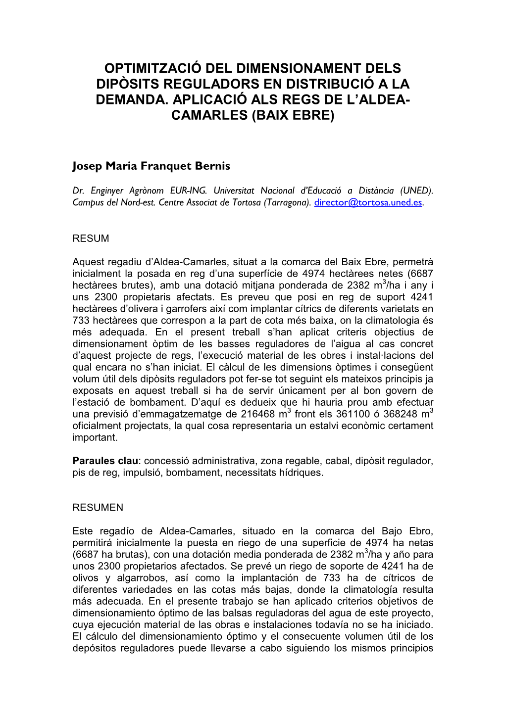 Aldea-Camarles. Optimització Dipòsits