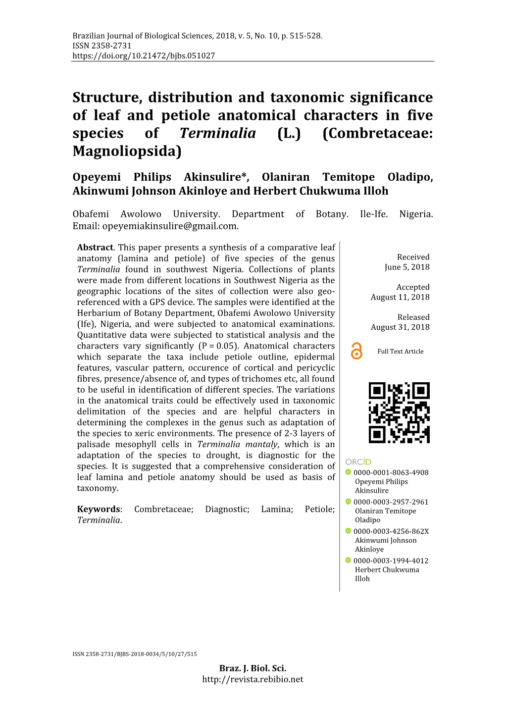 Structure, Distribution and Taxonomic Significance of Leaf and Petiole Anatomical Characters in Five Species of Terminalia (L.) (Combretaceae: Magnoliopsida)