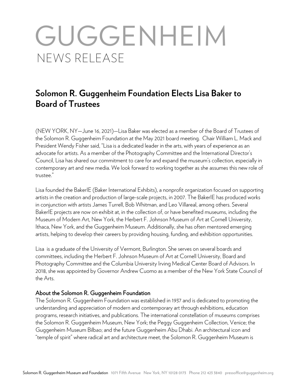 Solomon R. Guggenheim Foundation Elects Lisa Baker to Board of Trustees