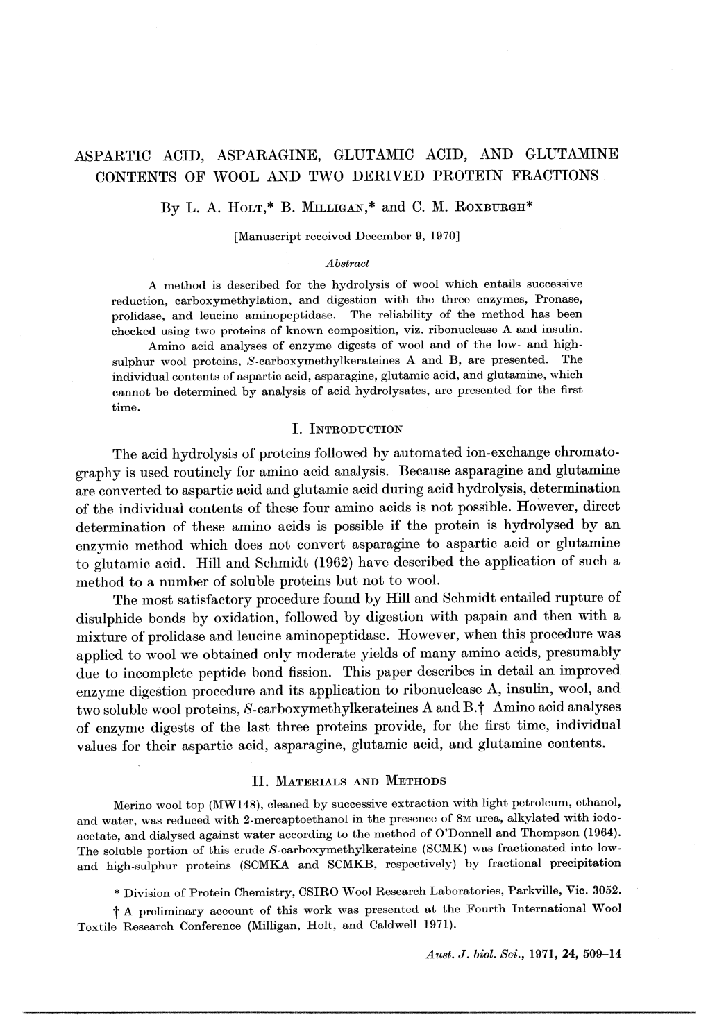 Aspartic Acid, Asparagine, Glutamic Acid, and Glutamine Contents of Wool and Two Derived Protein Fractions