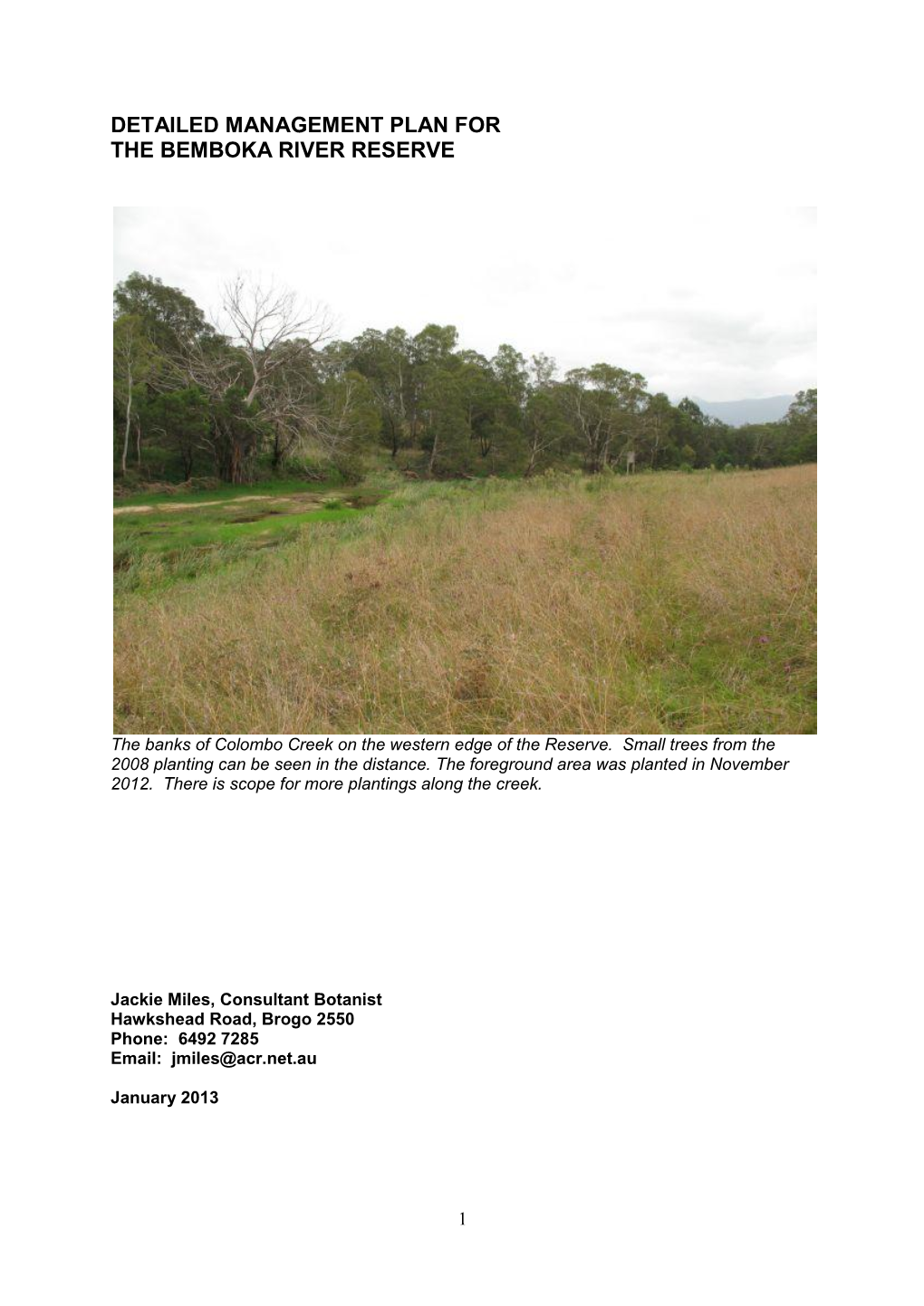 Detailed Management Plan for the Bemboka River Reserve