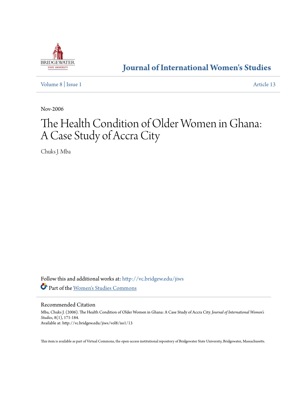 The Health Condition of Older Women in Ghana: a Case Study of Accra City