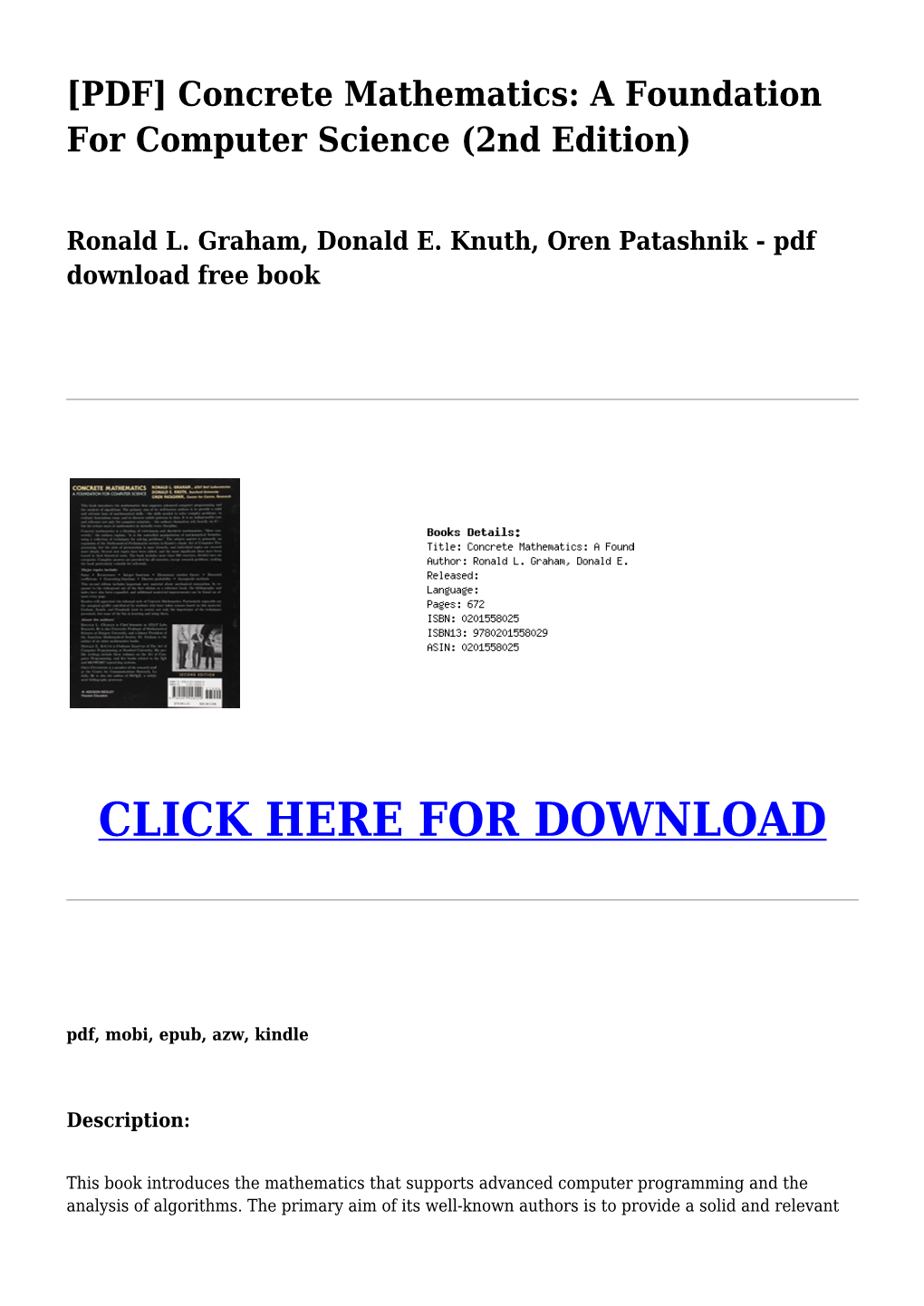 [Pdf] Concrete Mathematics: a Foundation for Computer Science (2Nd Edition) Ronald L. Graham, Donald E. Knuth, Oren Patashnik