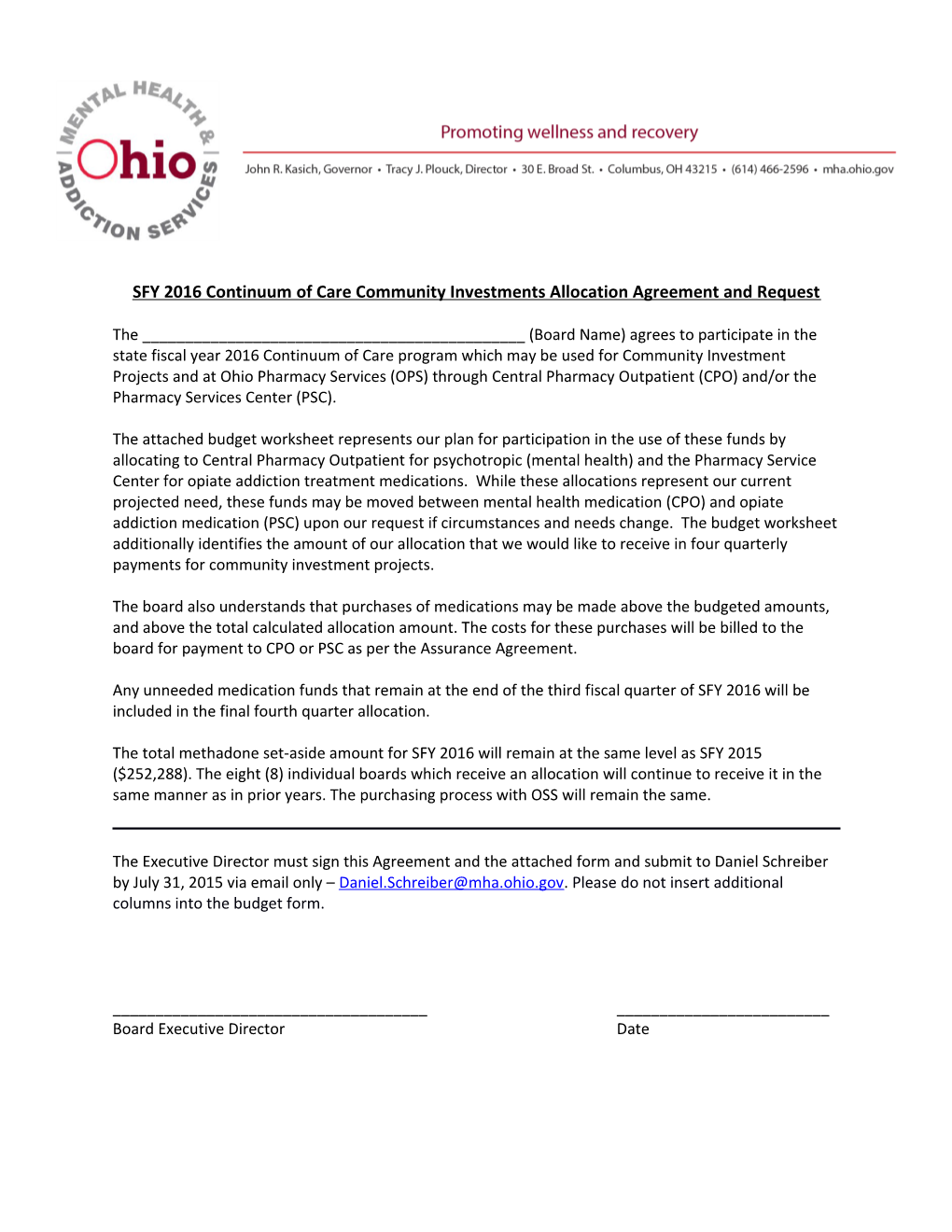 SFY 2016 Continuum of Care Community Investments Allocation Agreement and Request