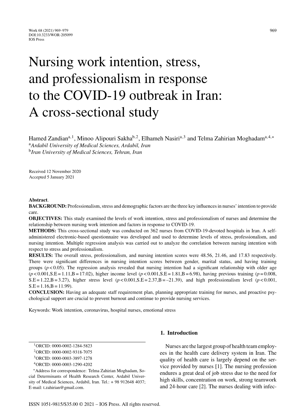 Nursing Work Intention, Stress, and Professionalism in Response to the COVID-19 Outbreak in Iran: a Cross-Sectional Study