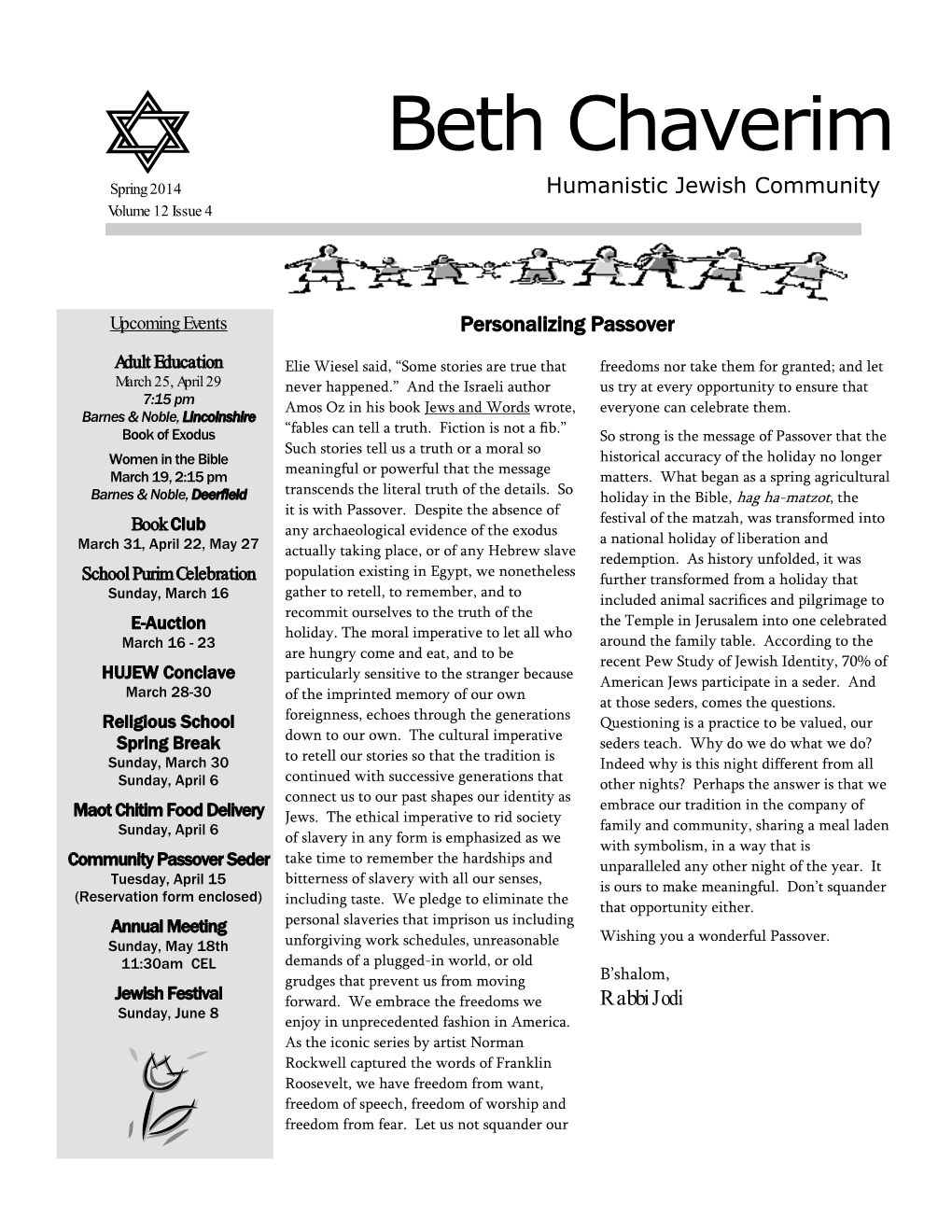 Beth Chaverim Spring 2014 Humanistic Jewish Community Volume 12 Issue 4