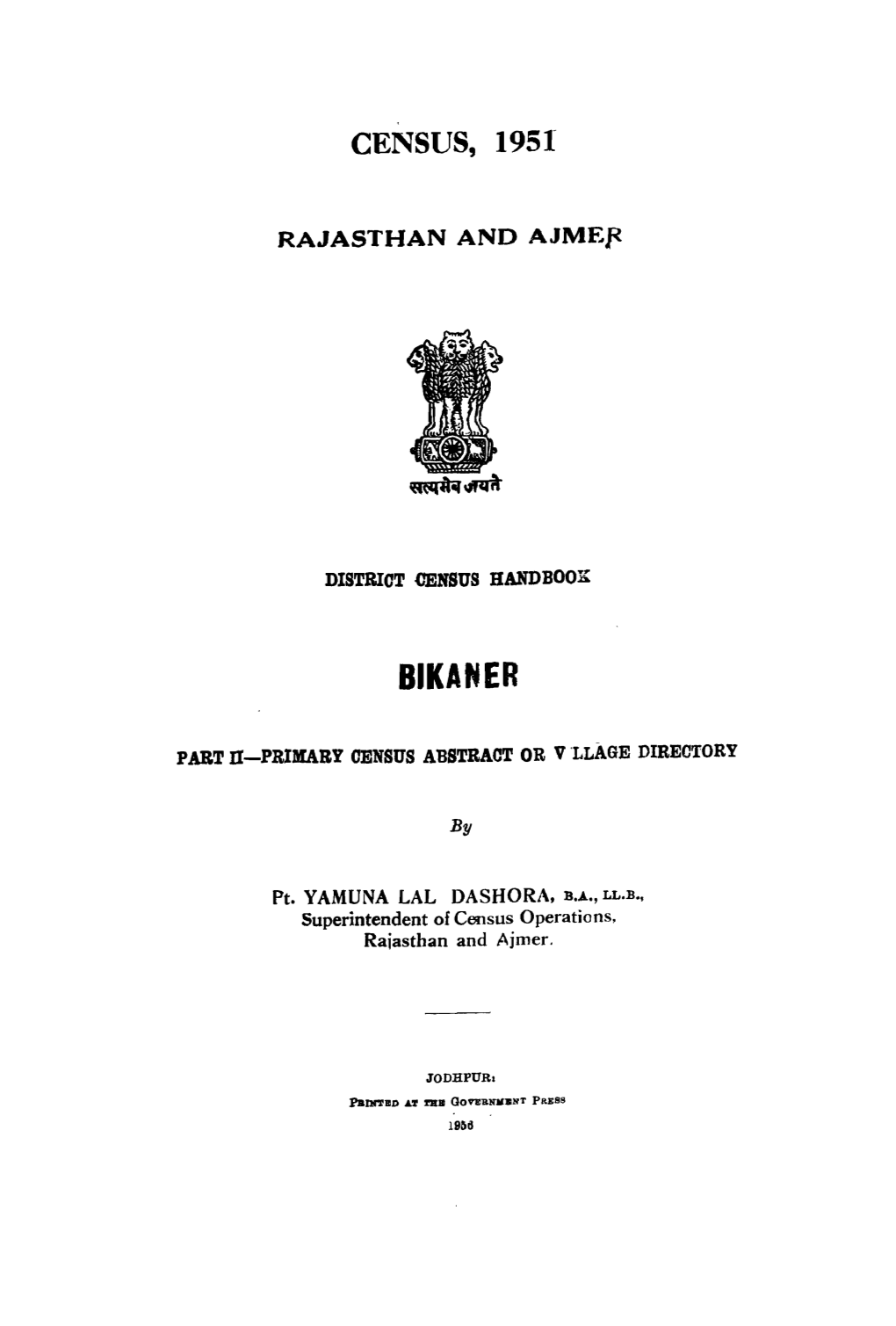 District Census Handbook Bikaner, Rajasthan and Ajmer