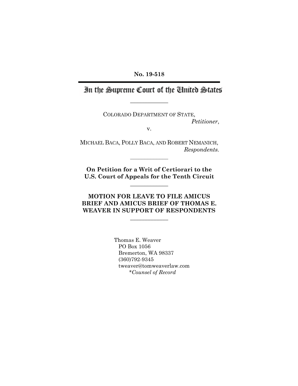 Petitioner, V. Respondents. ___On Petition for a Writ of Certiorari To