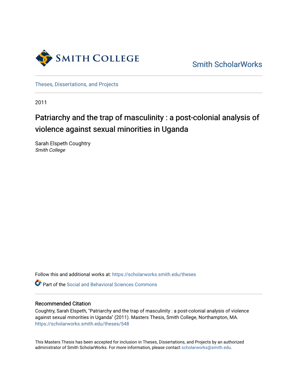 Patriarchy and the Trap of Masculinity : a Post-Colonial Analysis of Violence Against Sexual Minorities in Uganda