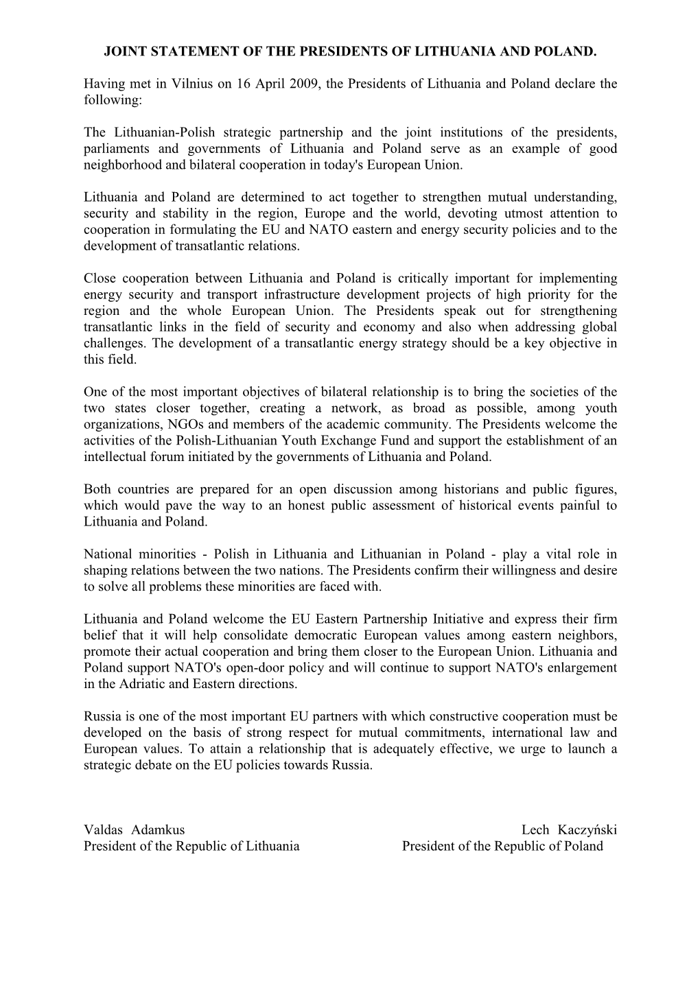 Joint Statement of the Presidents of Lithuania and Poland