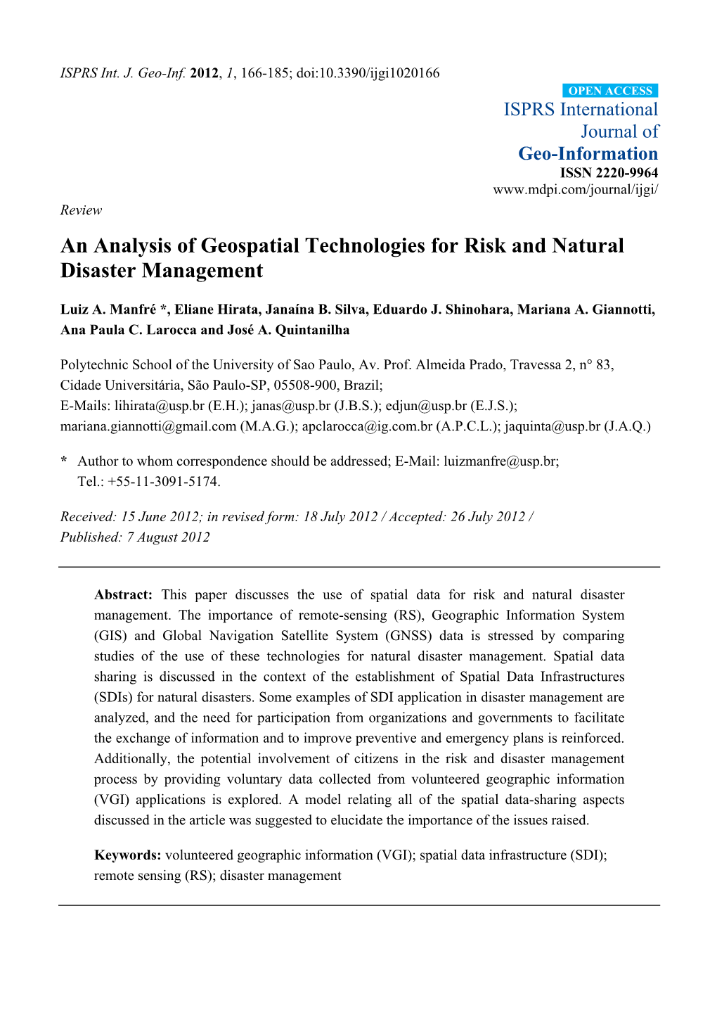 An Analysis of Geospatial Technologies for Risk and Natural Disaster Management