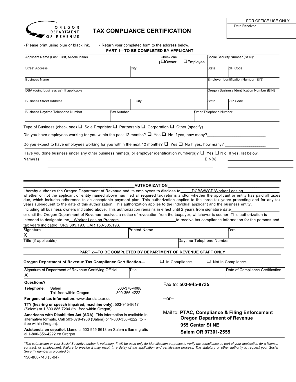 Attachment B to Application for Worker Leasing Company License