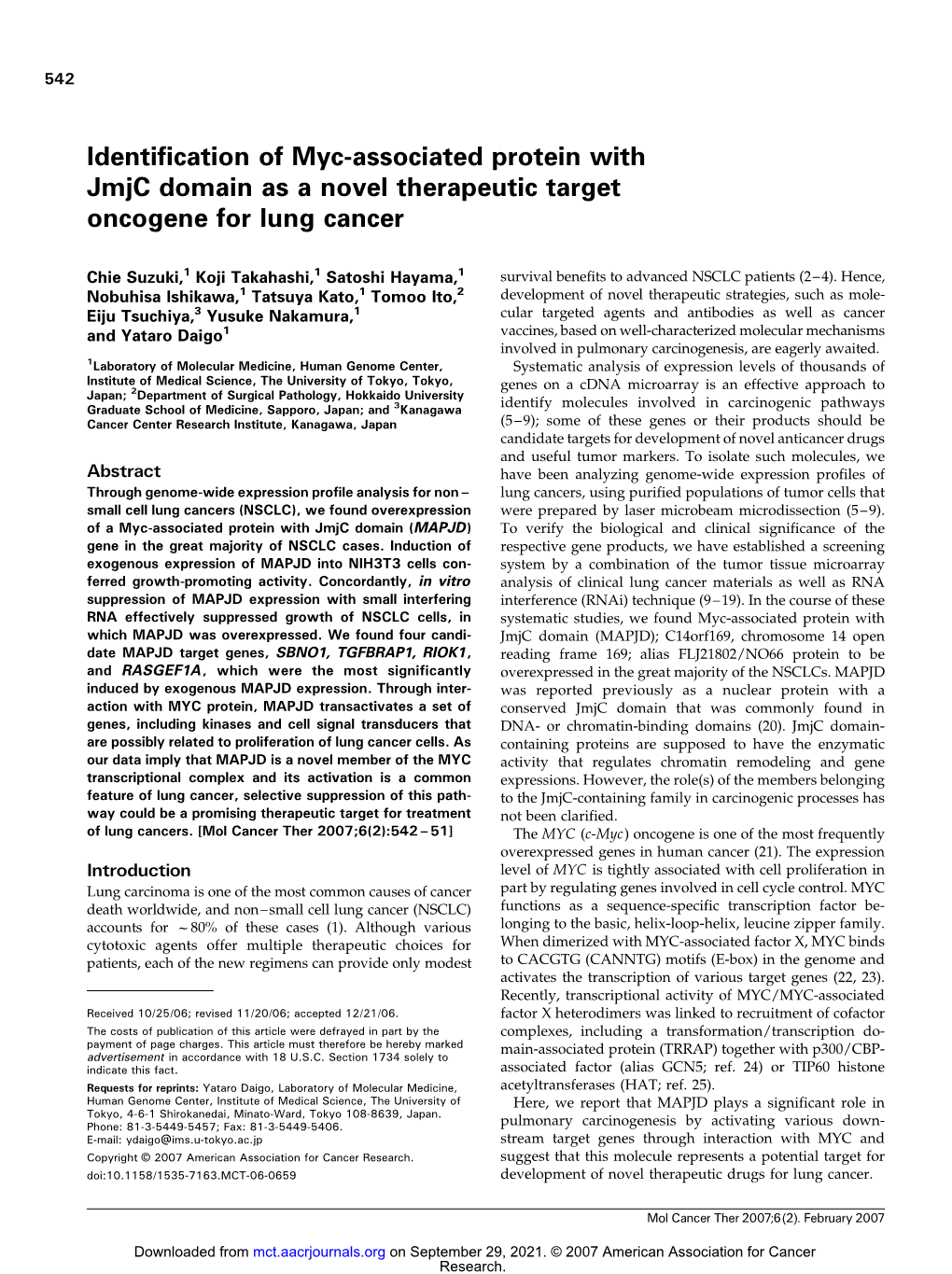 Identification of Myc-Associated Protein with Jmjc Domain As a Novel Therapeutic Target Oncogene for Lung Cancer