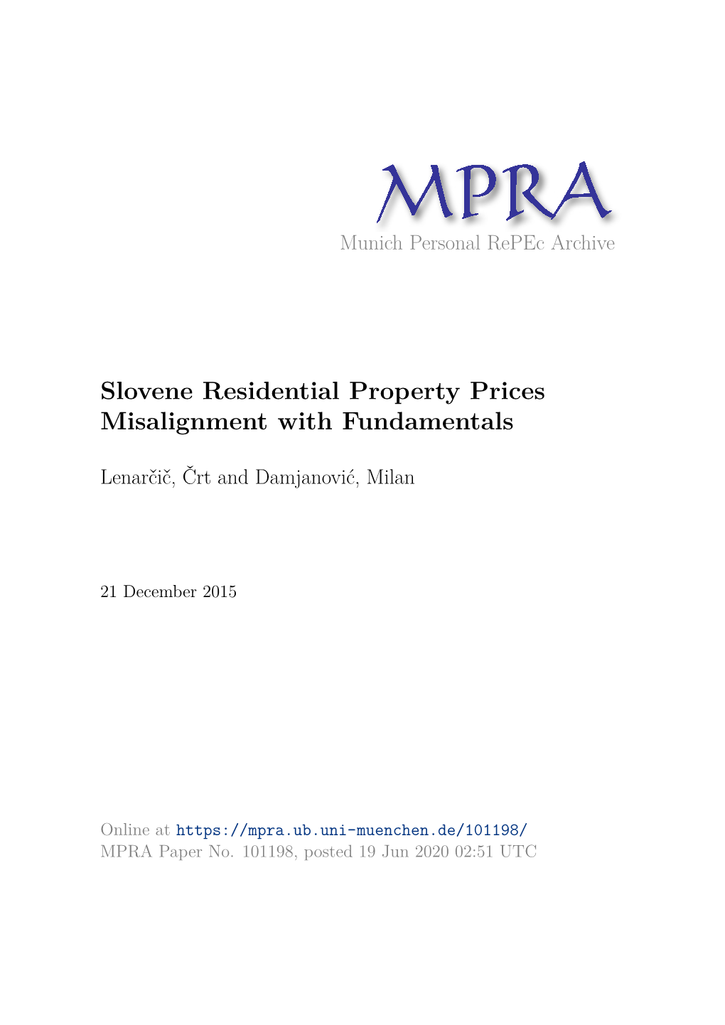 Slovene Residential Property Prices Misalignment with Fundamentals