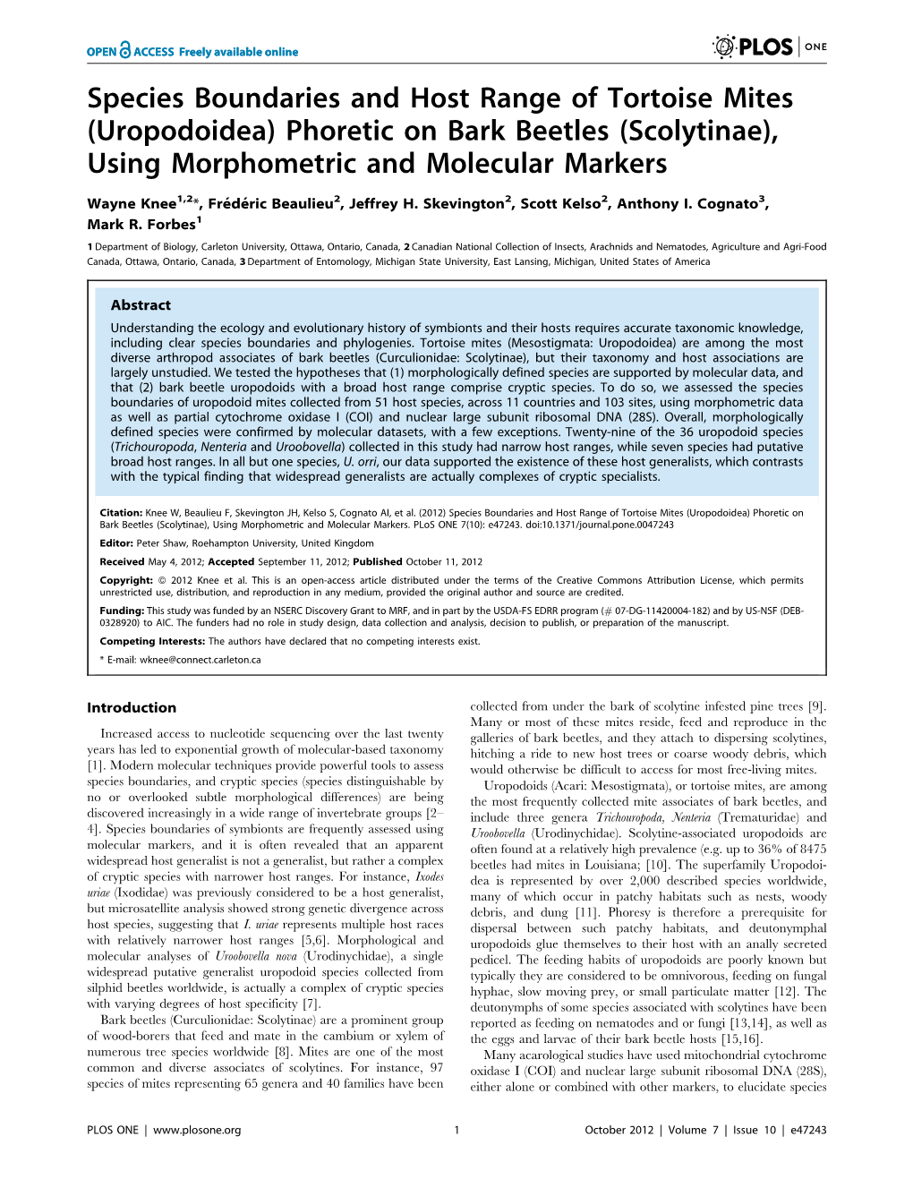 Phoretic on Bark Beetles (Scolytinae), Using Morphometric and Molecular Markers