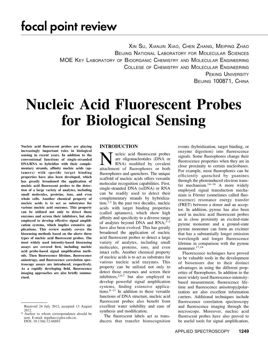 Nucleic Acid Fluorescent Probes for Biological Sensing