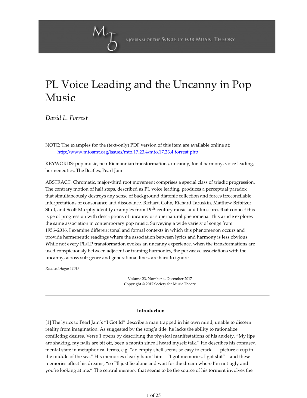 MTO 23.4: Forrest, PL Voice Leading and the Uncanny in Pop Music