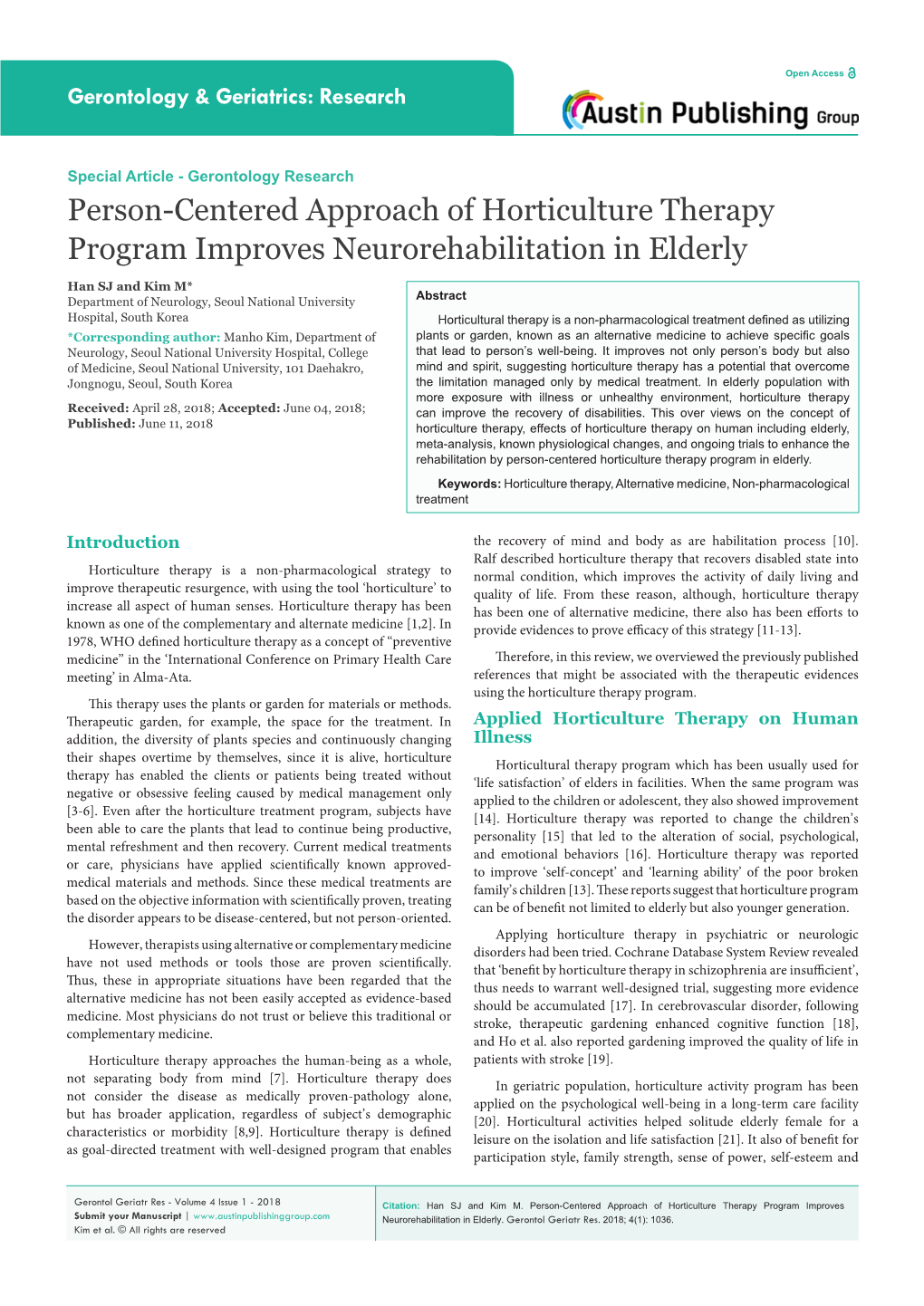 Person-Centered Approach of Horticulture Therapy Program Improves Neurorehabilitation in Elderly