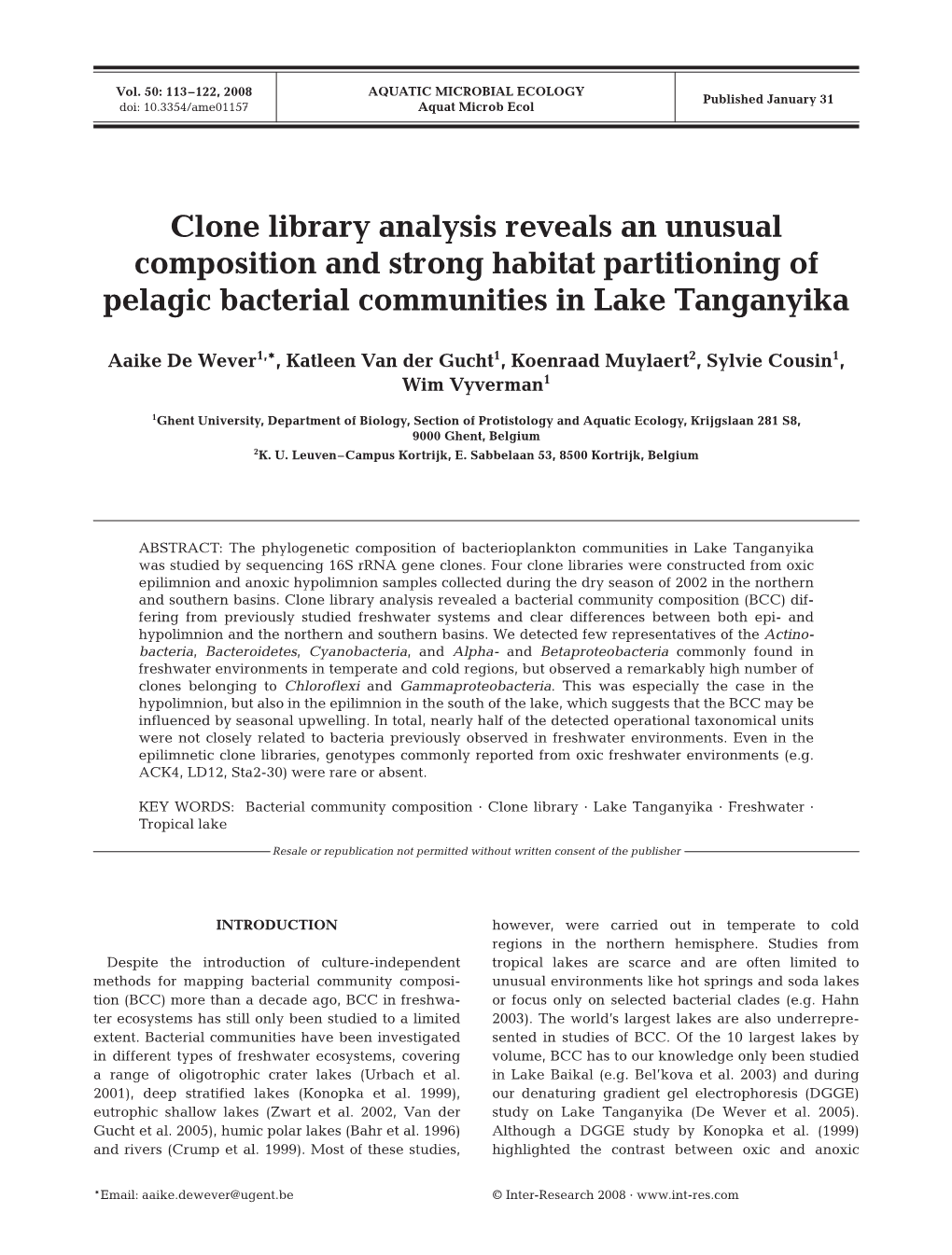 Clone Library Analysis Reveals an Unusual Composition and Strong Habitat Partitioning of Pelagic Bacterial Communities in Lake Tanganyika