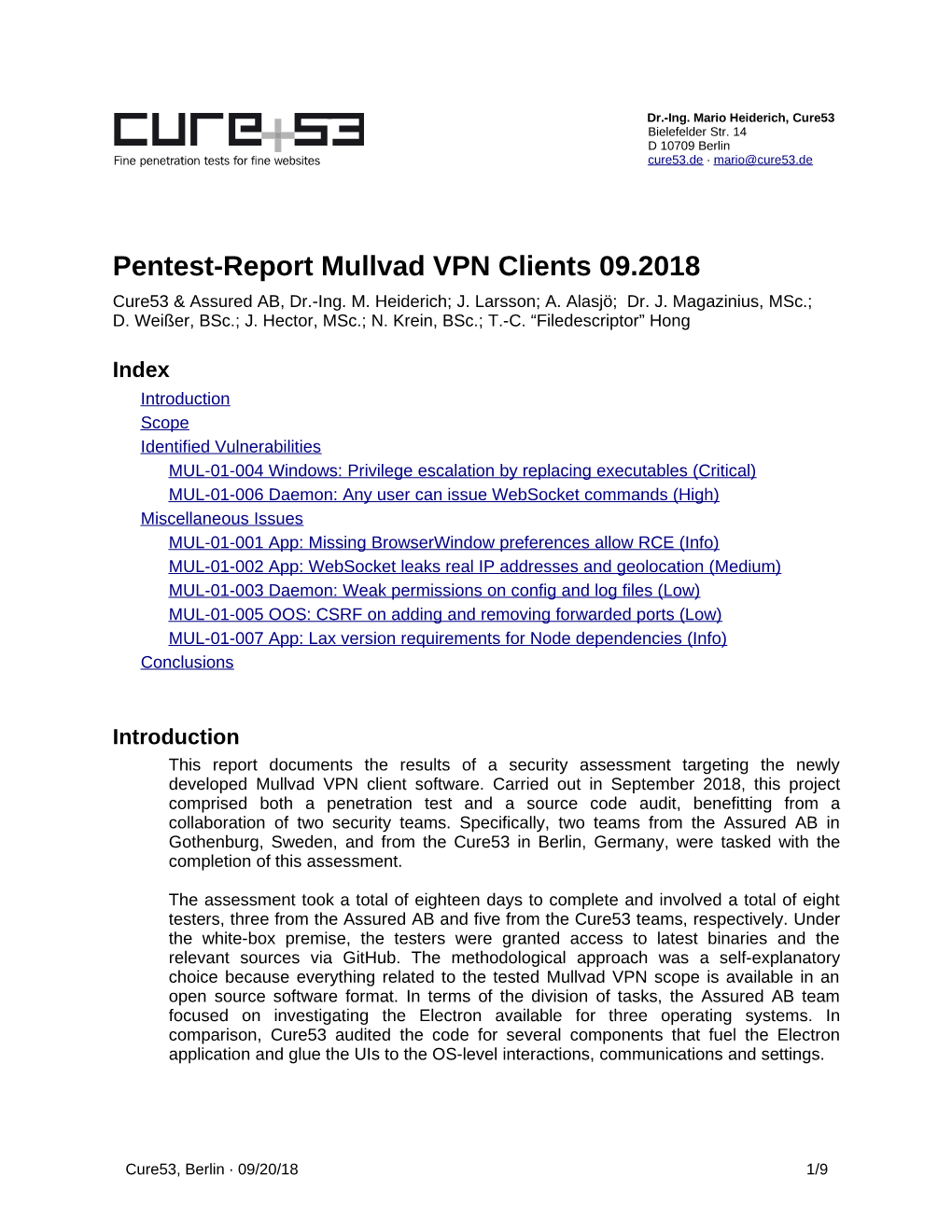 Pentest-Report Mullvad VPN Clients 09.2018 Cure53 & Assured AB, Dr.-Ing