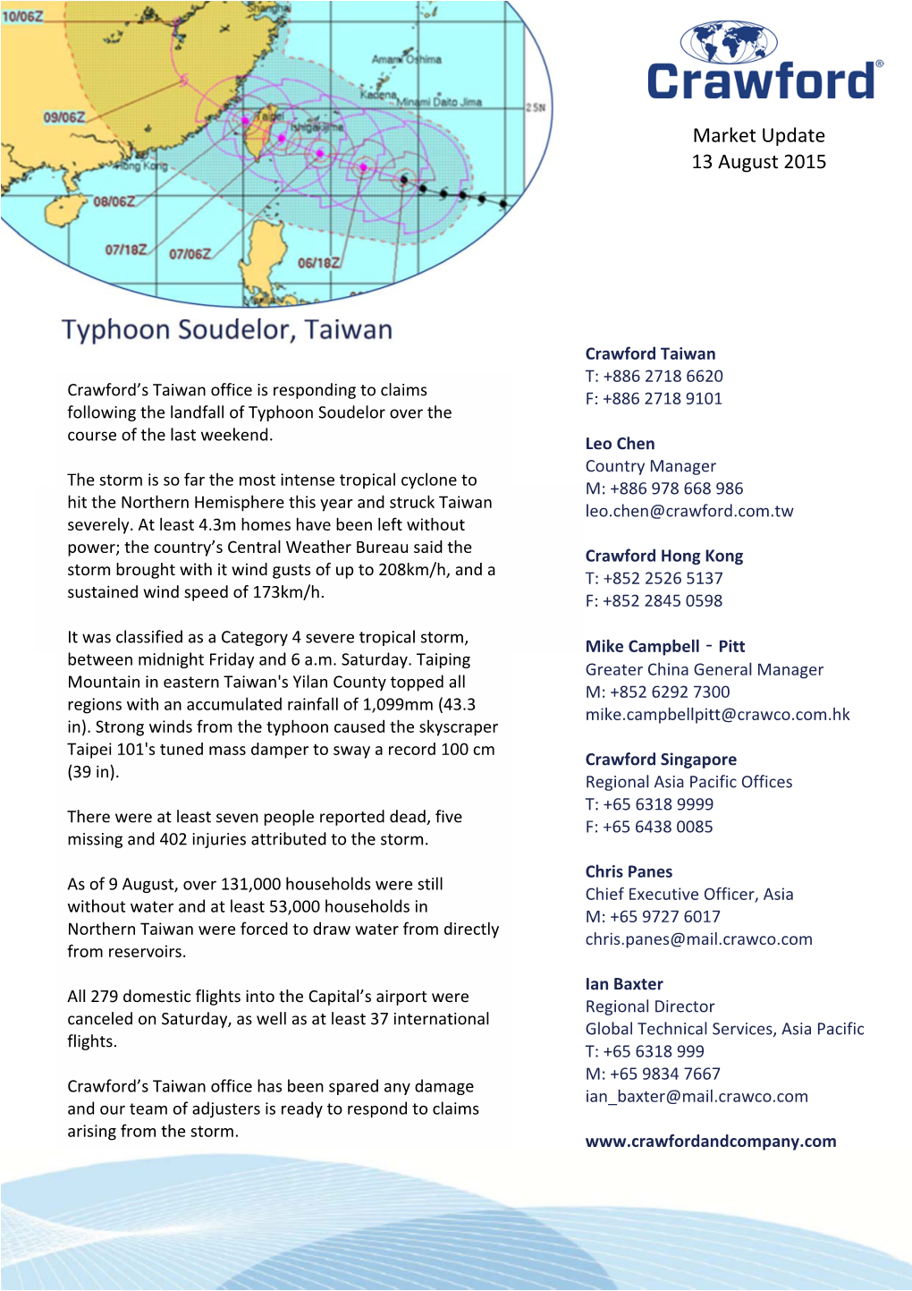 Typhoon Soudelor, Taiwan Crawford Taiwan T: +886 2718 6620 Crawford’S Taiwan Office Is Responding to Claims F: +886 2718 9101