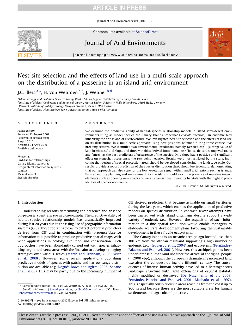 Nest Site Selection and the Effects of Land Use in a Multi-Scale Approach on the Distribution of a Passerine in an Island Arid Environment