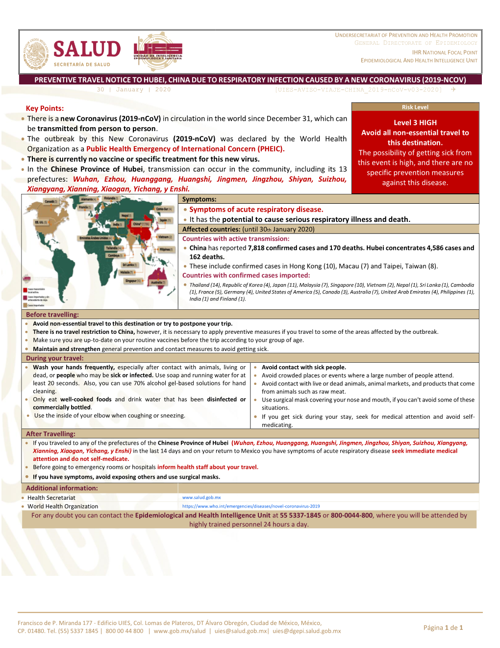 2019-NCOV) 30 | January | 2020 [UIES-AVISO-VIAJE-CHINA 2019-Ncov-V03-2020] 