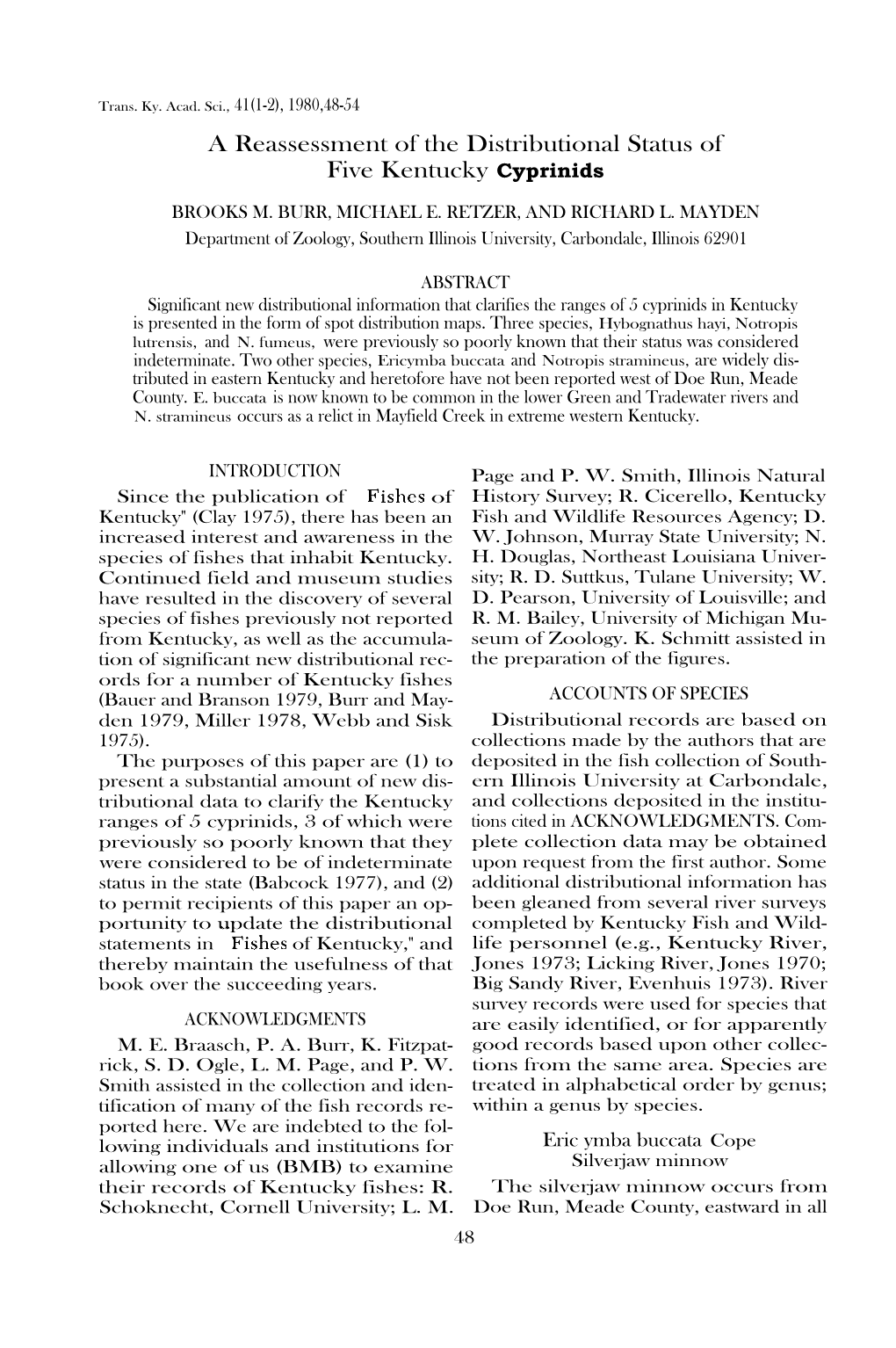 A Reassessment of the Distributional Status of Five Kentucky Cyprinids